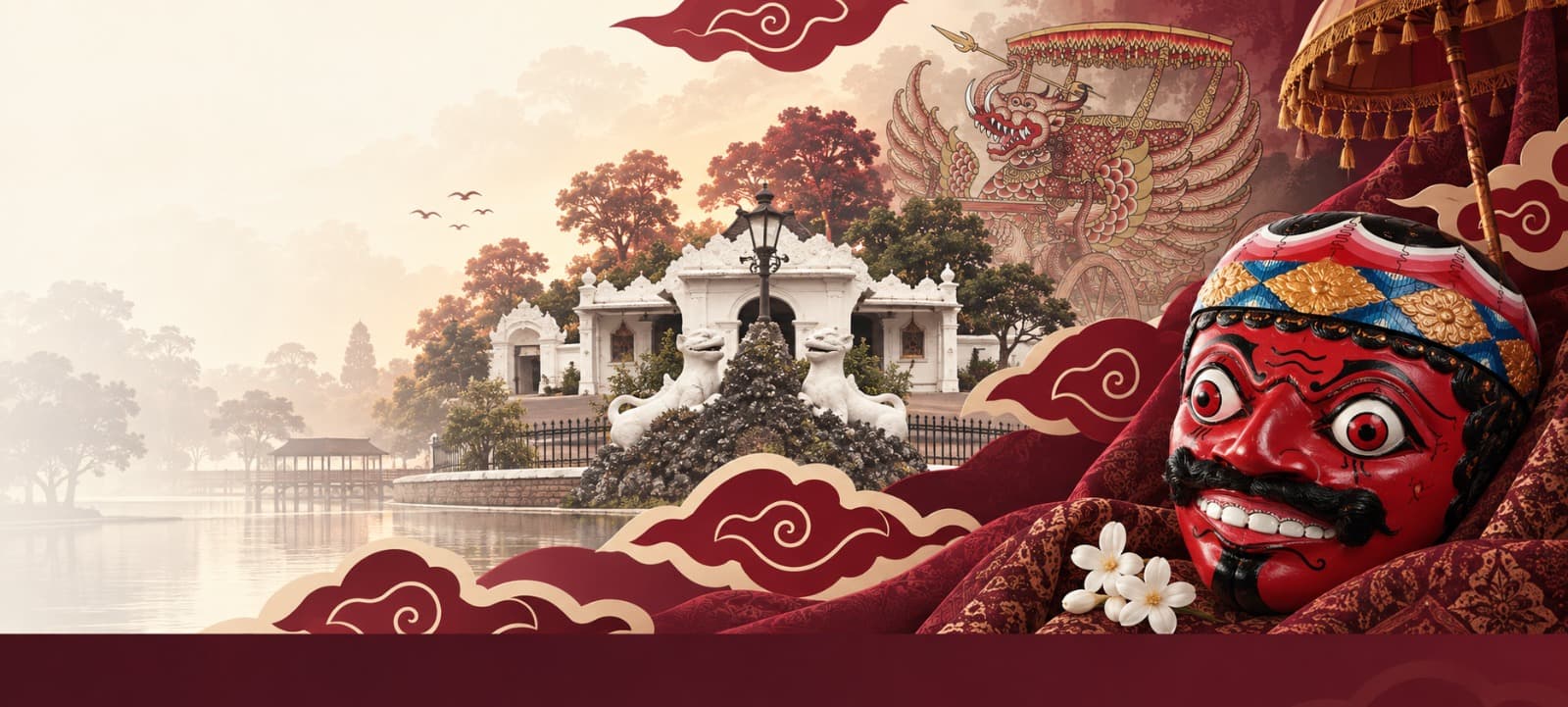 Ilustrasi lanskap budaya Cirebon dengan Topeng Kelana merah, bangunan bersejarah, dan motif mega mendung